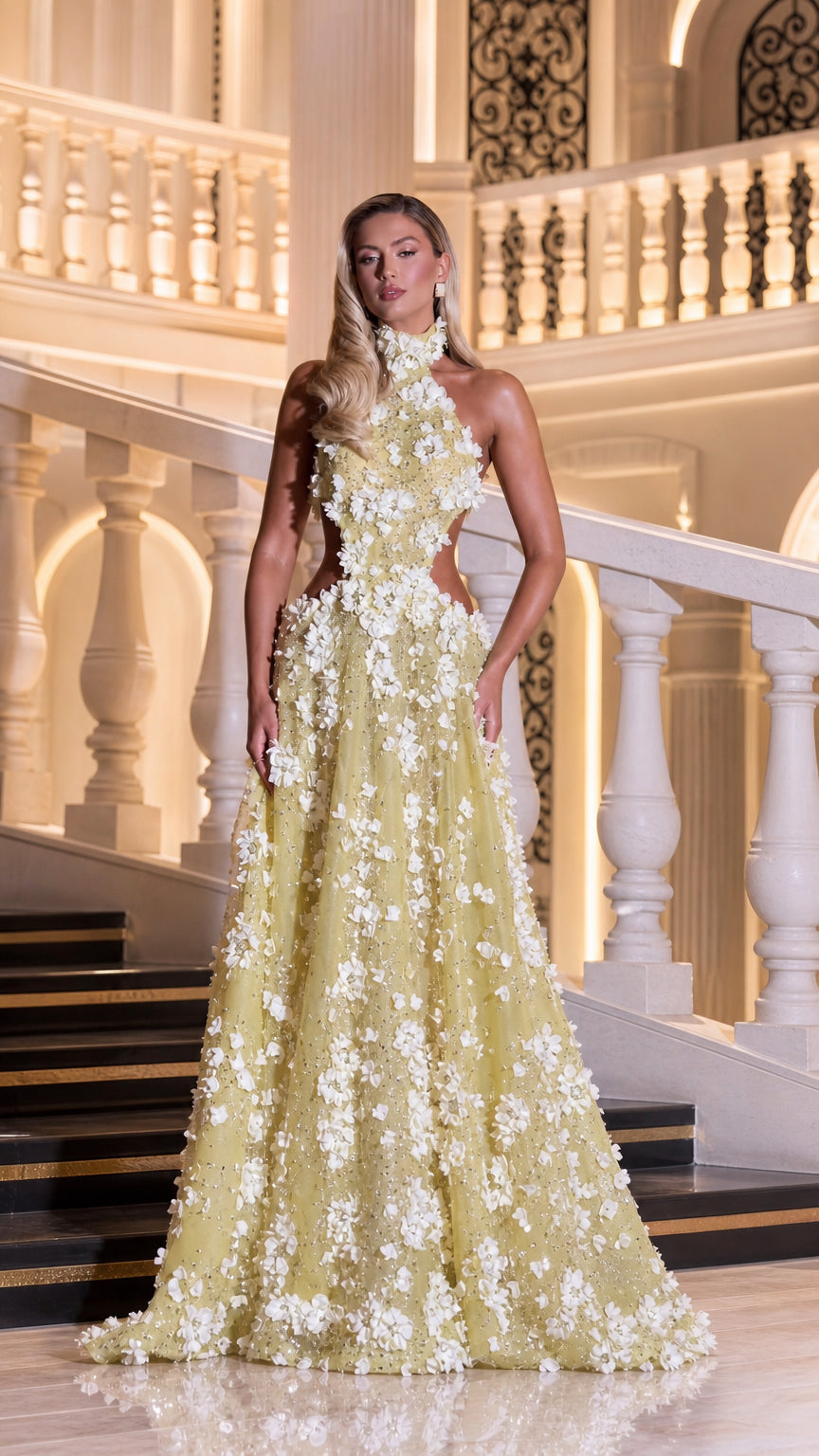 Full front view of chartreuse 3D floral applique halter cutout evening gown