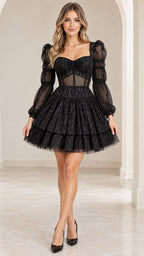 Front full-length view of model wearing black glitter tulle corset mini dress with puff sleeves