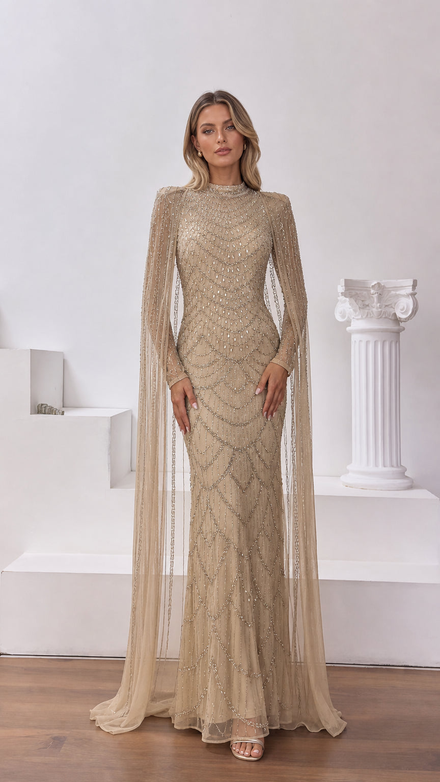 Champagne beaded high-neck evening gown with floor-length cape sleeves front view