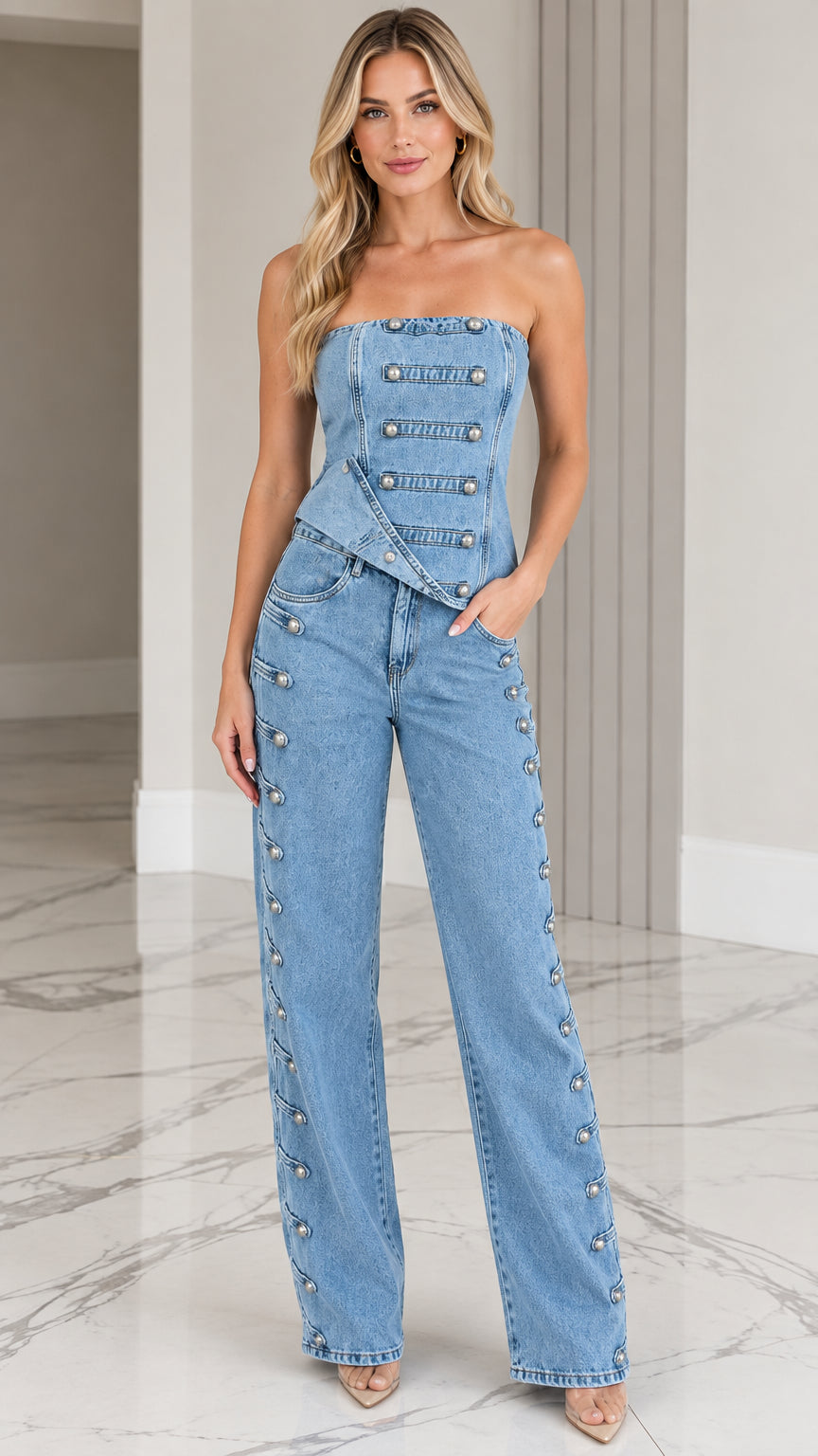 Light Blue strapless denim corset top and matching wide leg jeans set front view