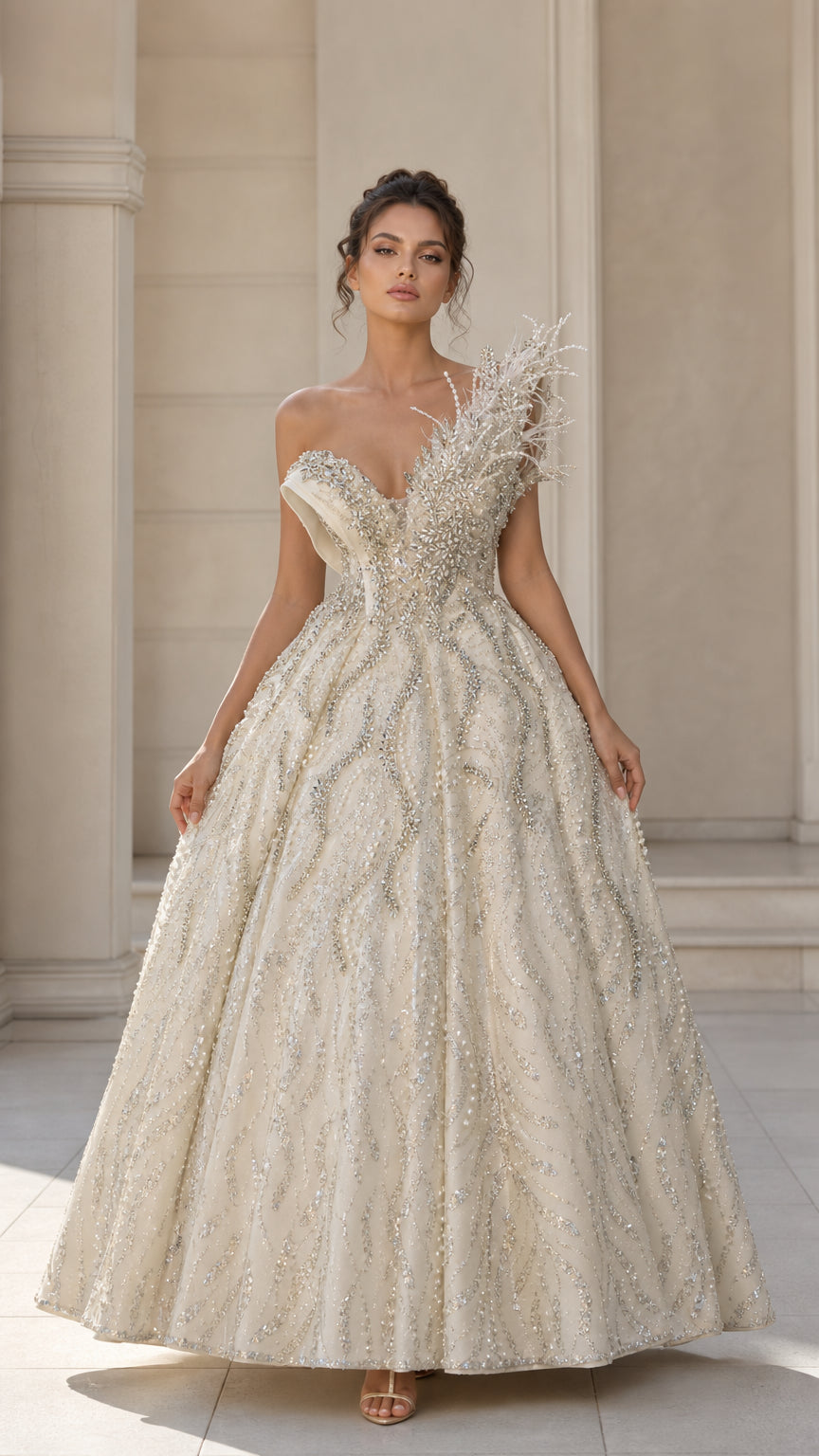 Champagne asymmetrical beaded ball gown with feather shoulder accent front view