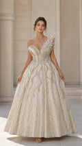 Champagne asymmetrical beaded ball gown with feather shoulder accent front view
