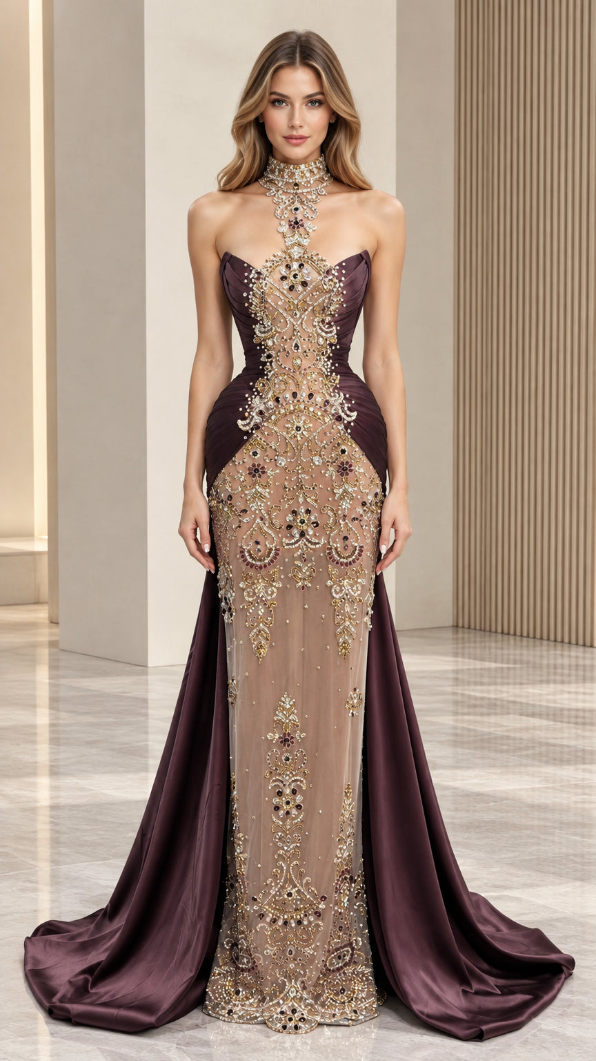 Full front view of burgundy high-neck jewel-embellished mermaid evening gown with draped satin train