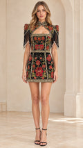 Front full-length view of model wearing black floral embroidered mini dress with fringe sleeves
