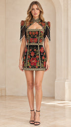 Front full-length view of model wearing black floral embroidered mini dress with fringe sleeves