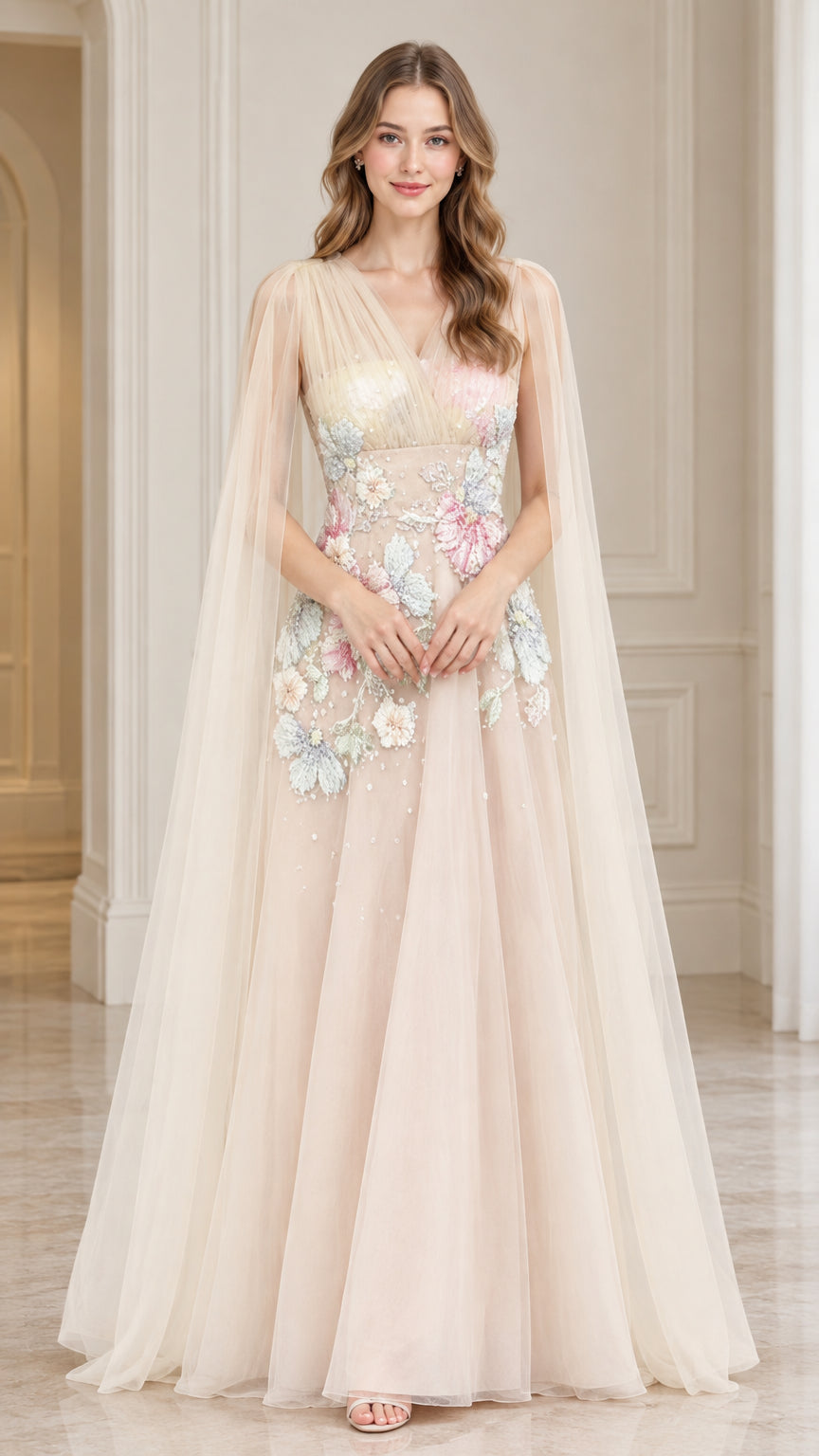 Front full view of Champagne floral embroidered tulle evening gown with cape sleeves
