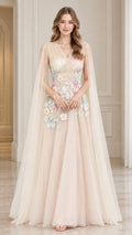 Front full view of Champagne floral embroidered tulle evening gown with cape sleeves