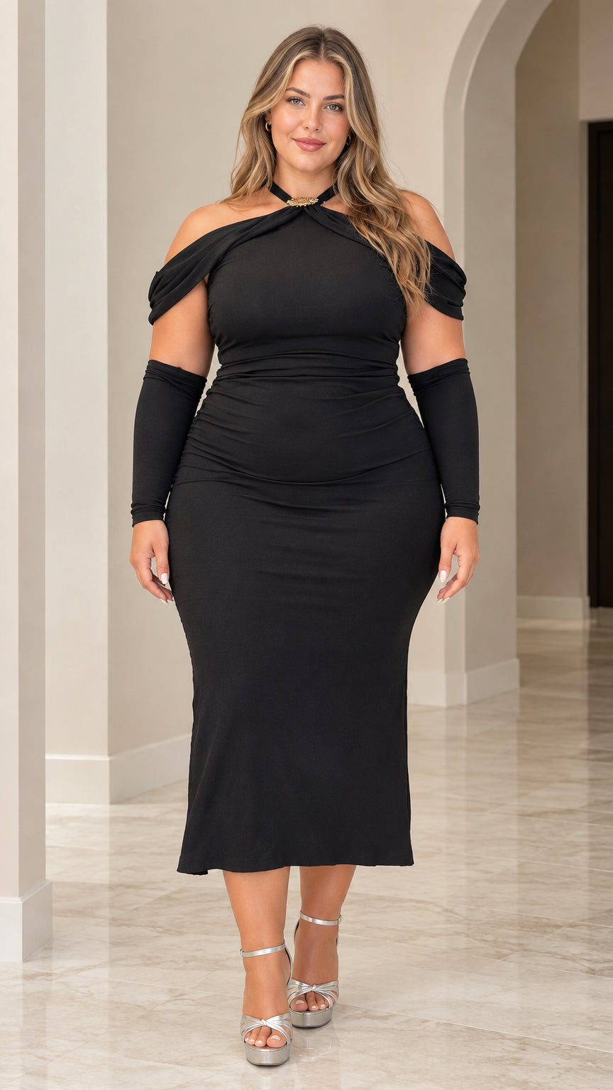Front view of black halter neck ruched bodycon midi dress with detachable sleeves