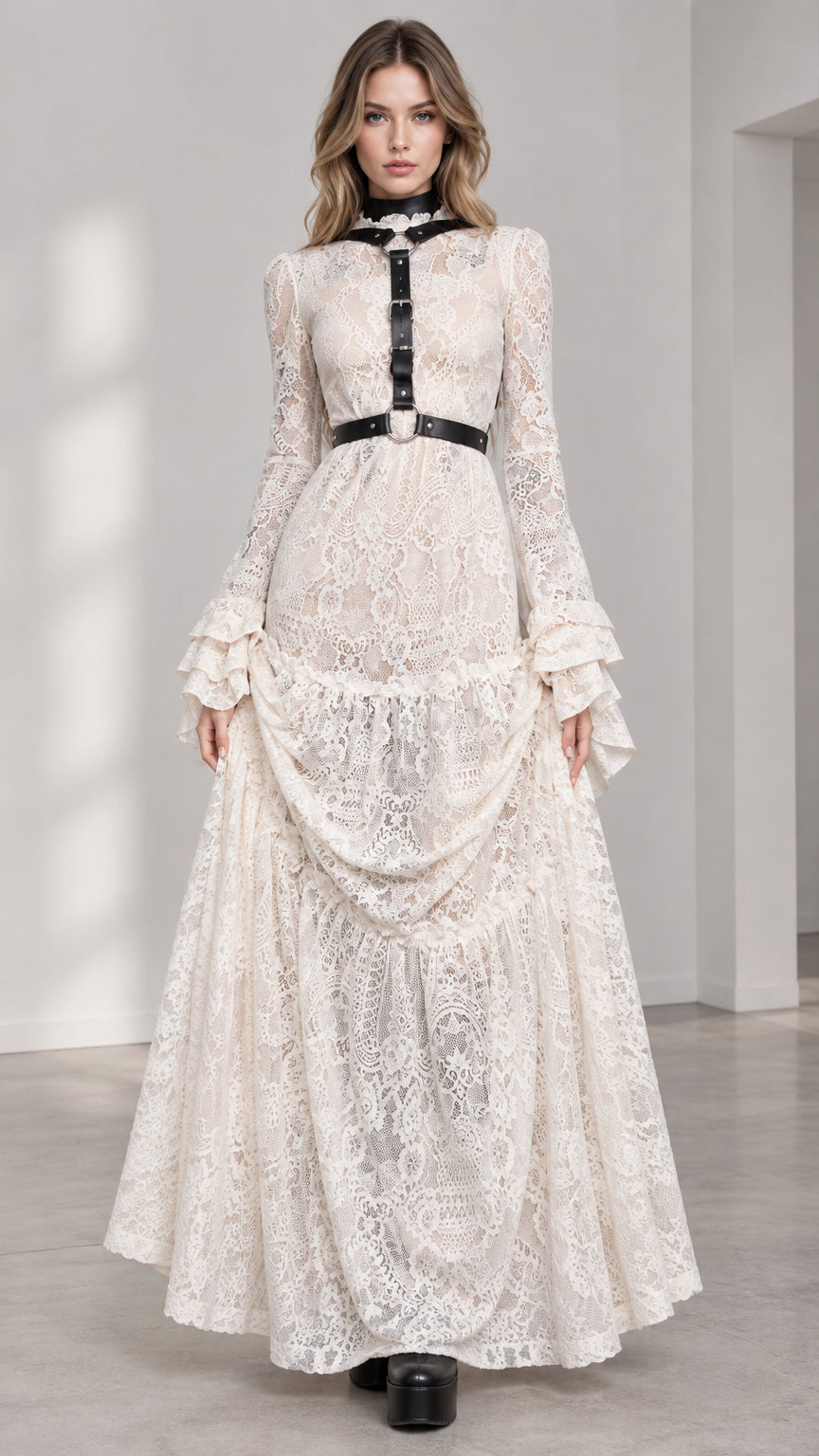Full-length front view of woman wearing Ivory Victorian lace maxi dress with black harness
