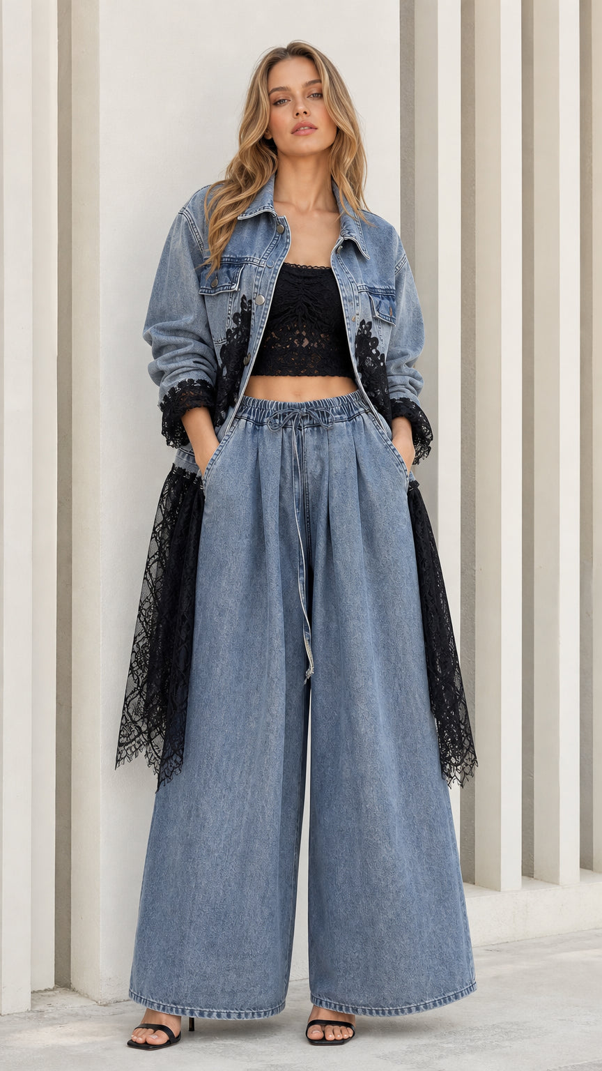 Front full view of light blue denim set with black lace trim and wide-leg pants