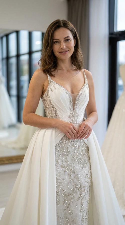 Front view of white beaded plunge evening gown with flowing dramatic overskirt