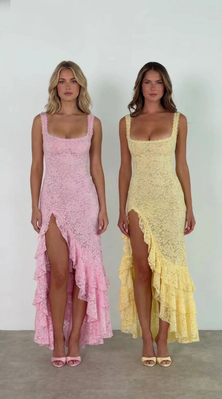 Front view of models wearing pink and yellow floral lace ruffle slit maxi dresses