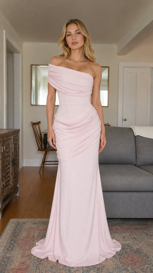 Blush pink asymmetrical off-the-shoulder ruched mermaid evening gown front view