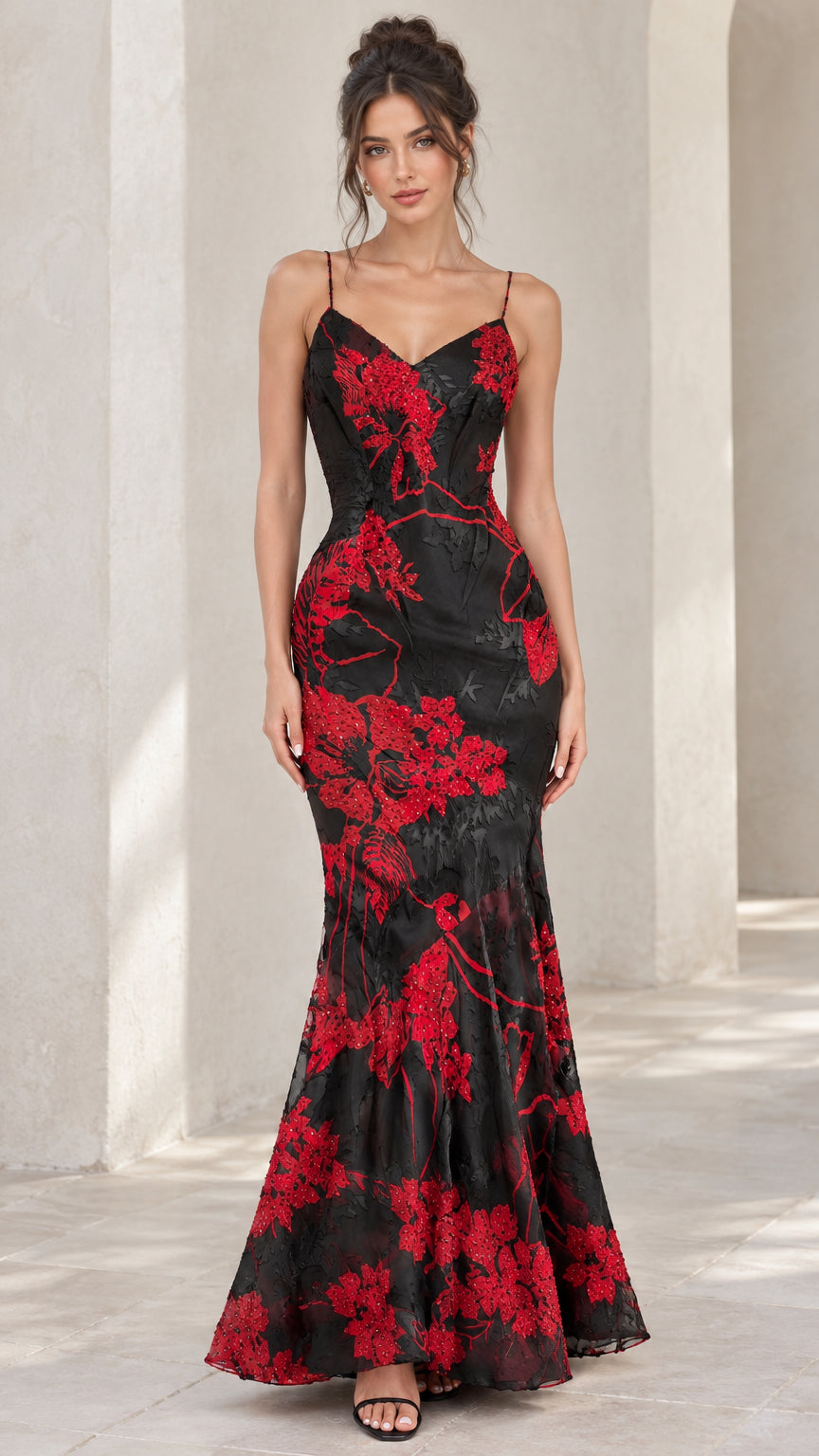 Front view of black mermaid evening gown with red floral embroidery and spaghetti straps