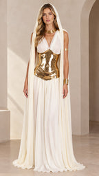 Front full-length view of the white goddess draped cape dress set with metallic gold waist corset