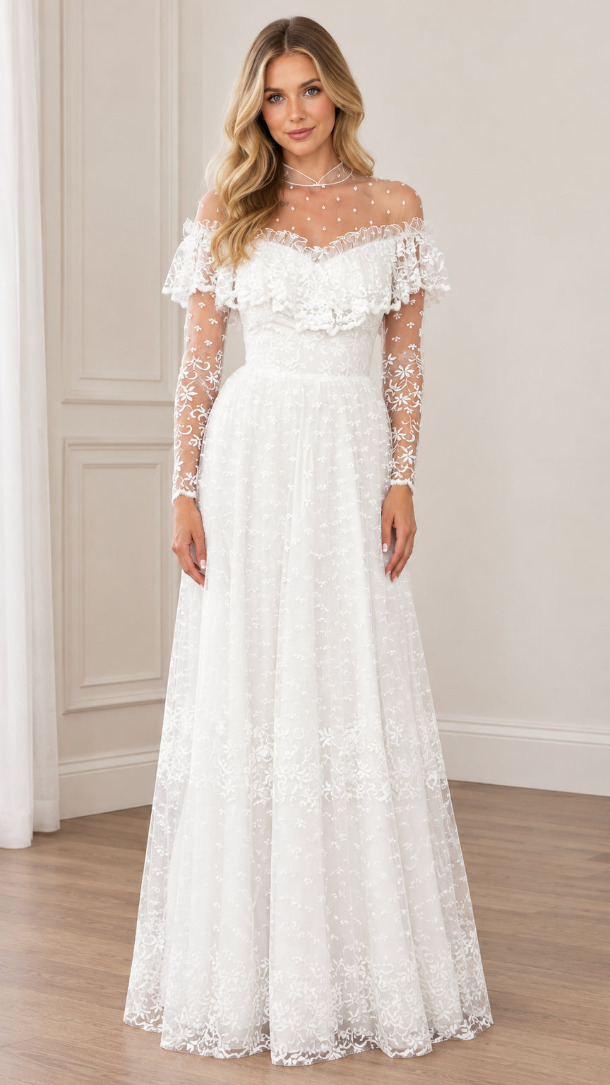 Front view of woman wearing white floral embroidered illusion lace maxi dress