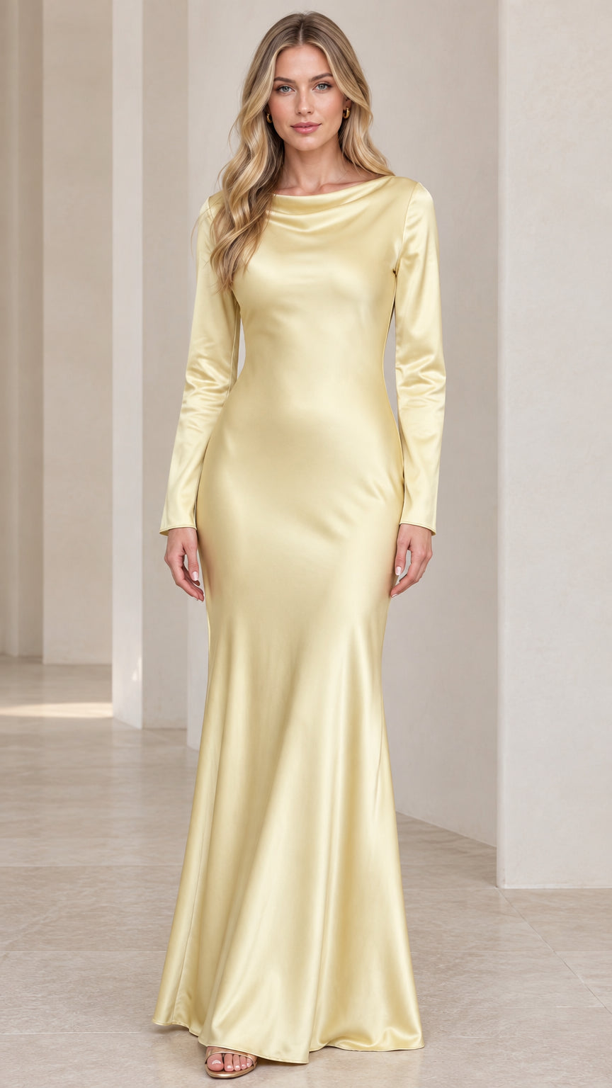 Front full-length view of model wearing pastel yellow long sleeve boatneck satin maxi dress