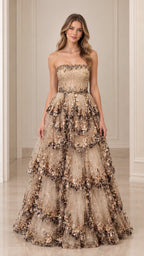 Front view of model wearing Champagne strapless tiered sequin evening gown