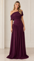 Front view of model wearing burgundy off-the-shoulder draped maxi gown