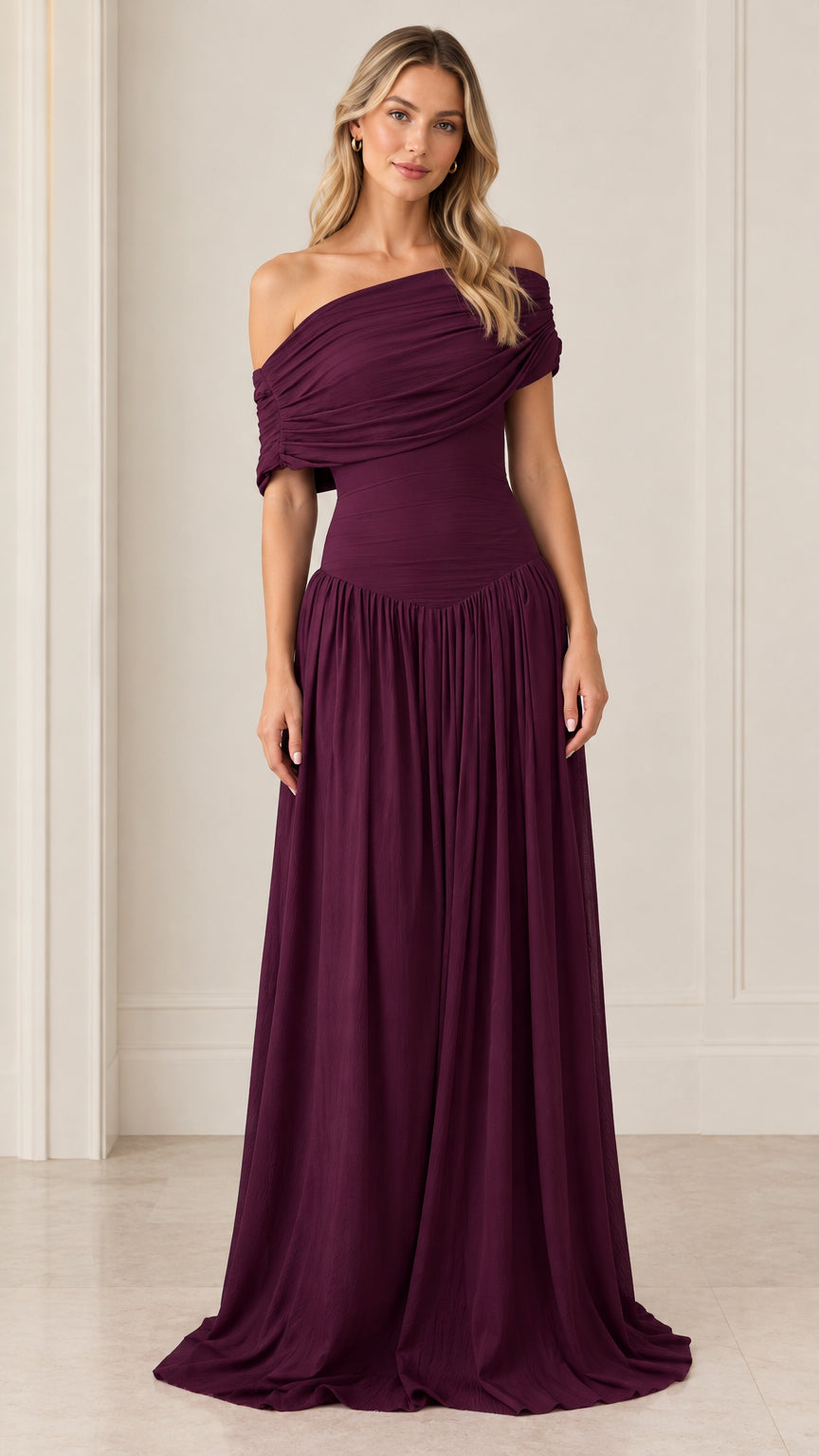 Front view of model wearing burgundy off-the-shoulder draped maxi gown