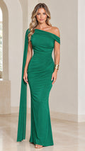 Front view of model wearing an emerald green one-shoulder ruched maxi gown with long side cape sash