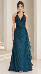 Front view of woman wearing teal blue halter shimmer maxi gown with side ruffle