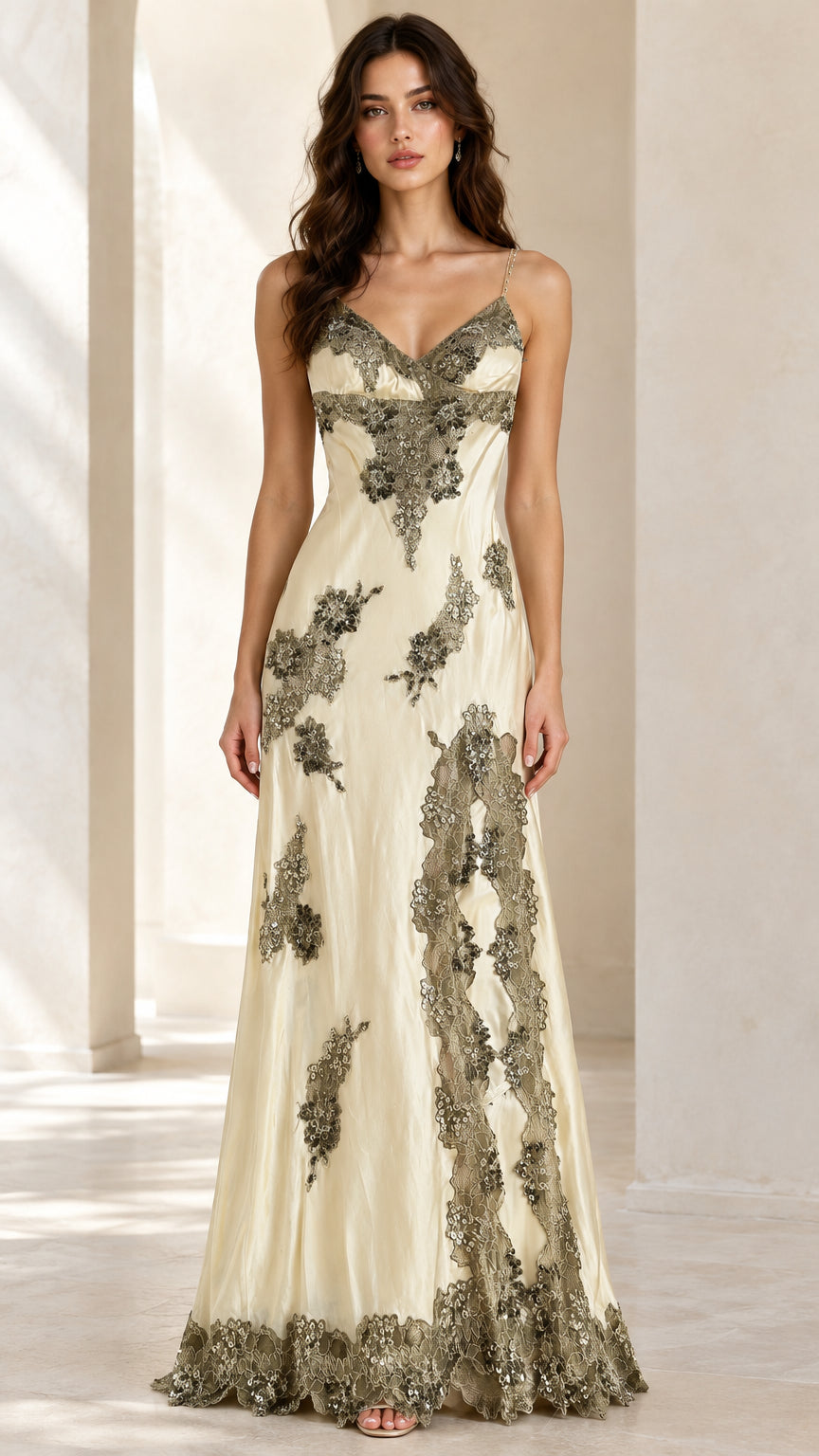 Champagne satin maxi evening dress with gold sequin floral lace overlay front view