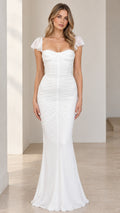 Front full-length view of white sweetheart mermaid maxi dress with flutter sleeves