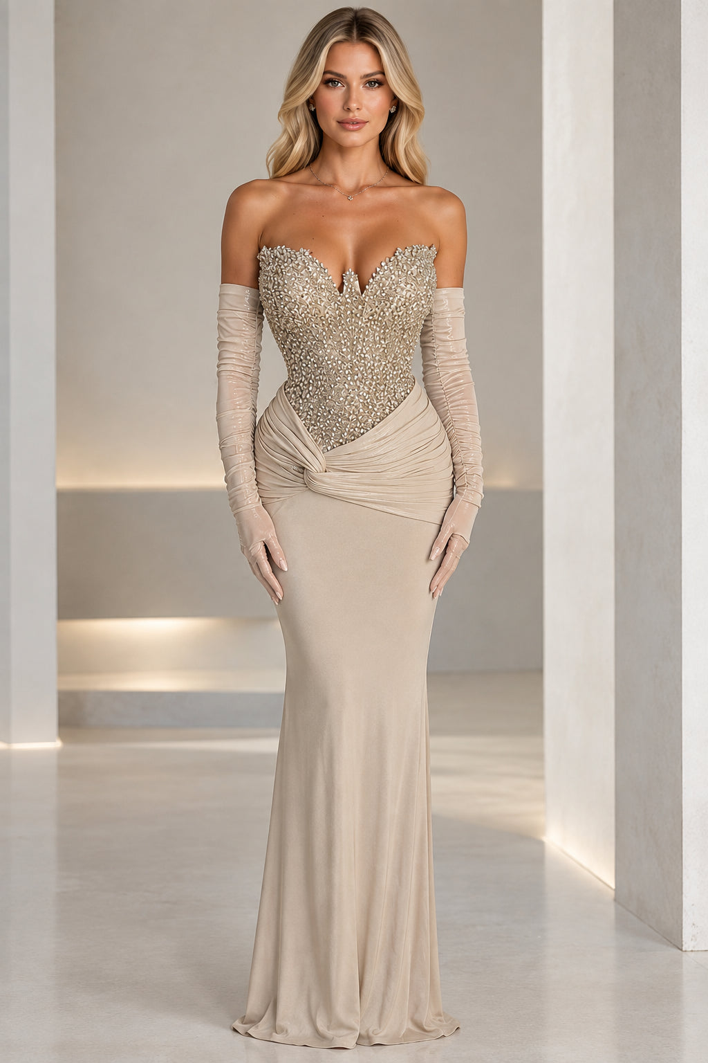 Champagne embellished strapless corset evening gown with sweetheart neckline and ruched opera gloves - front view