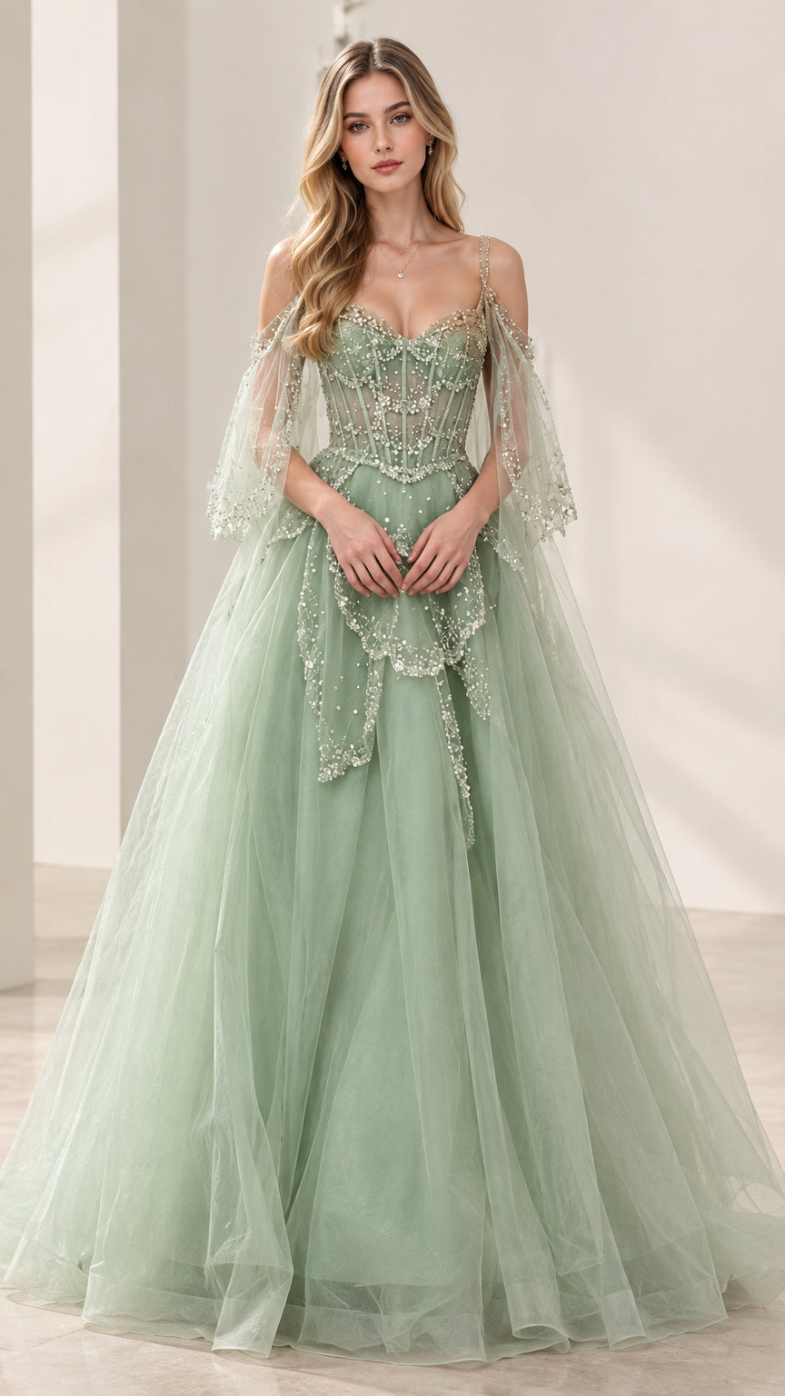 Sage green embroidered tulle evening gown with cold-shoulder flutter sleeves and corset bodice front view