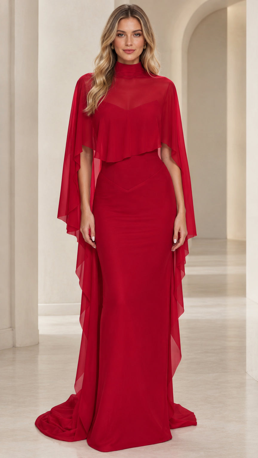 Red high neck evening gown with sheer cascading capelet overlay front view
