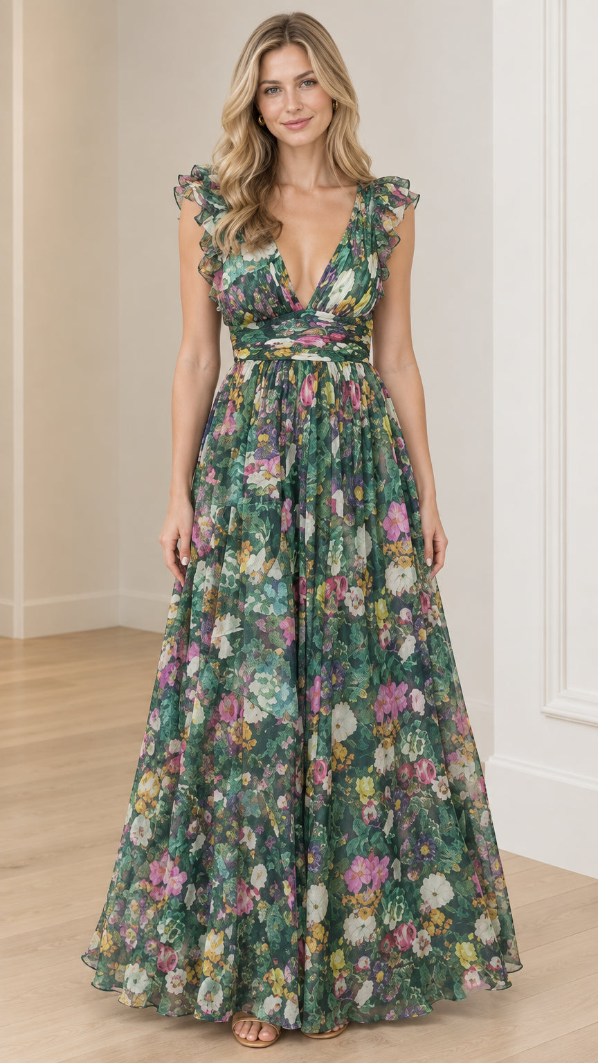 Model wearing green floral plunge V-neck maxi gown front view