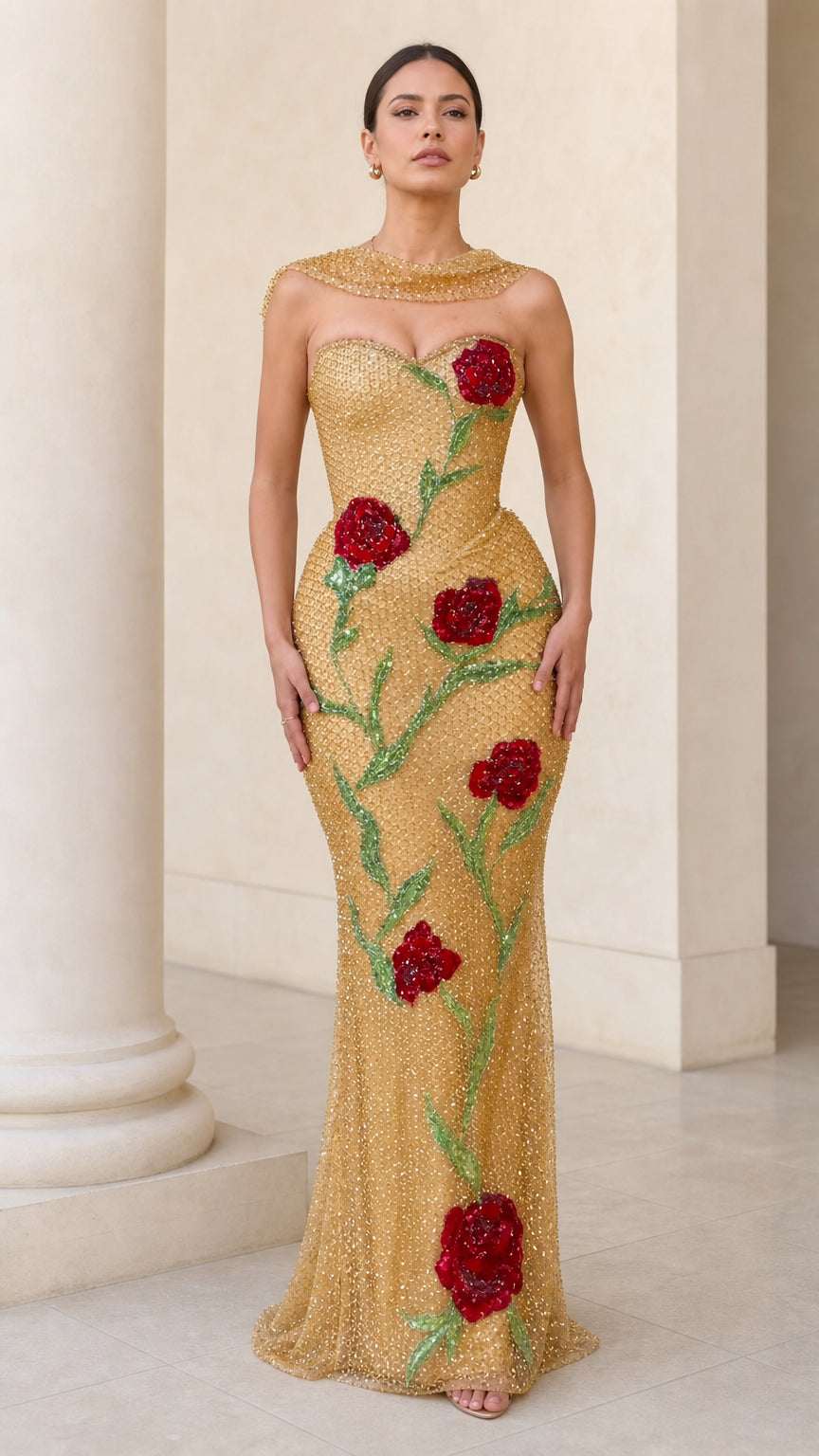 Full front view of model in Gold embellished floral sequin column evening gown