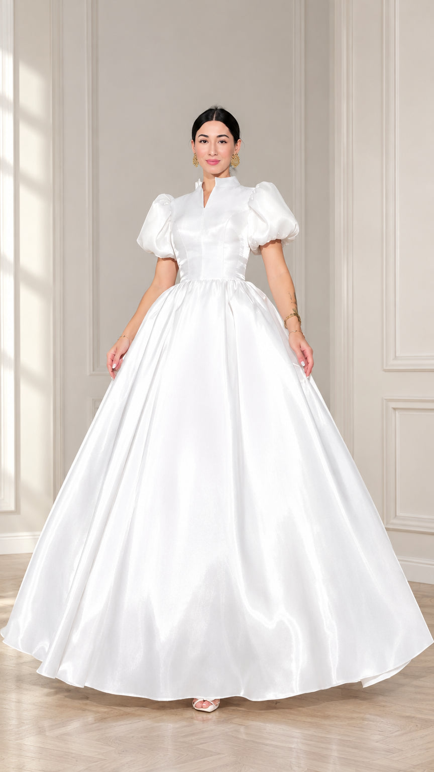 Front full view of white puff sleeve satin ball gown with high neck