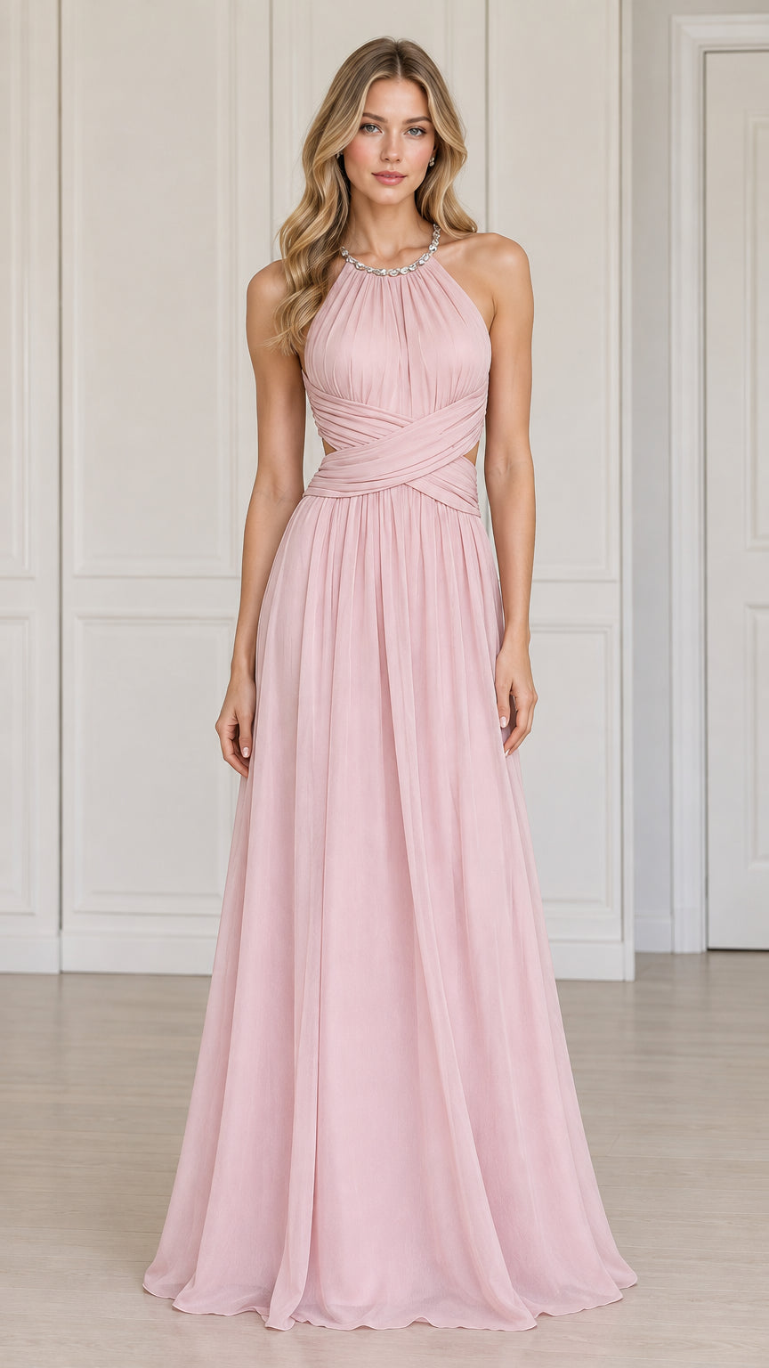 Full front view of the embellished halter neck cutout maxi dress in blush pink