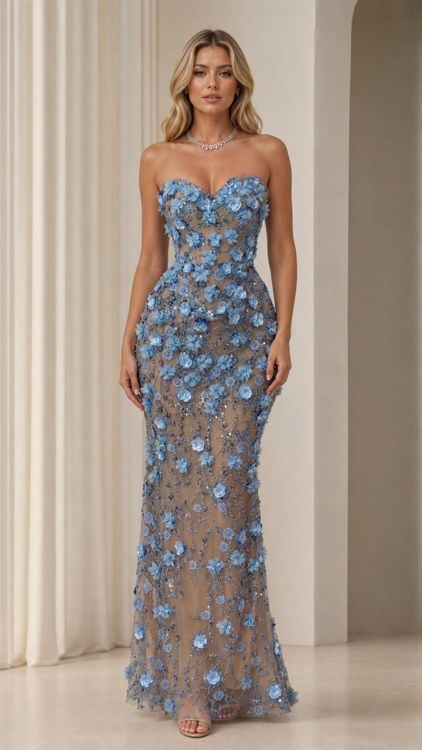 Front view of model wearing dusty blue strapless 3D floral sequin evening gown