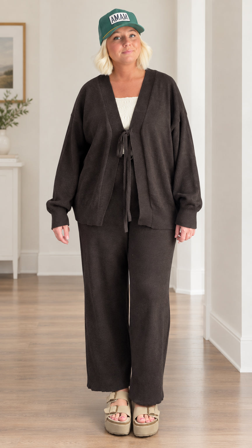 Front full view of woman wearing charcoal 2-piece cardigan and wide-leg lounge pants set
