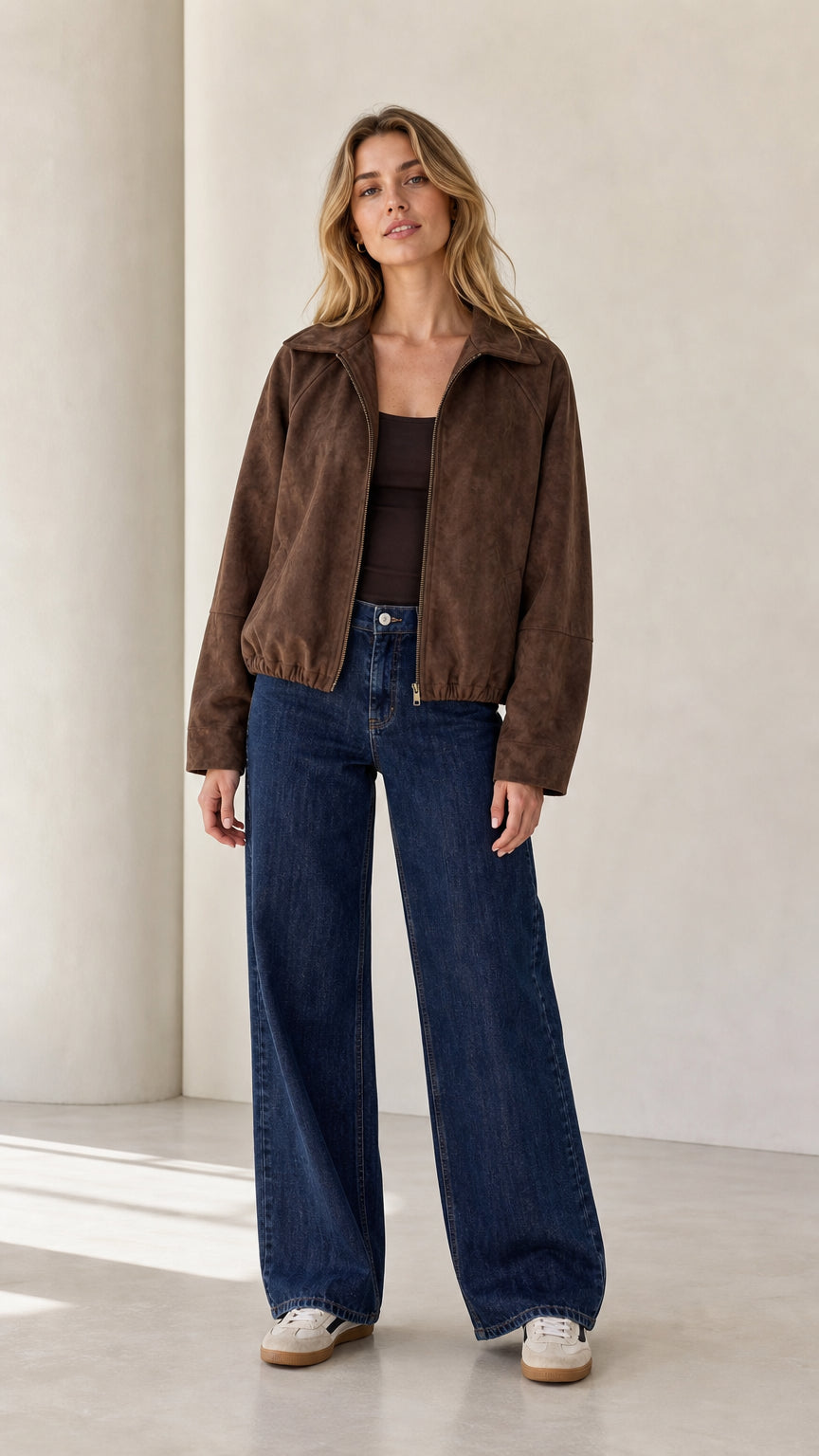 Front view of a woman wearing the brown cropped faux suede jacket with wide-leg jeans
