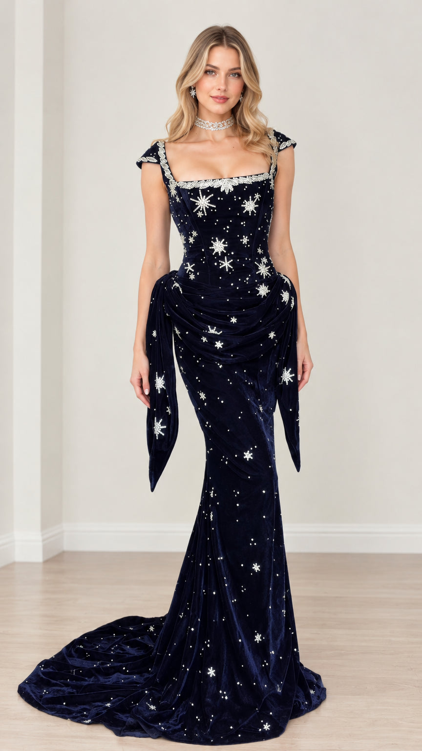 Front full-length view of navy blue velvet evening gown with crystal star embellishments and sweeping train