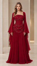 Burgundy formal evening gown with beaded corset bodice and flared bell sleeves front view