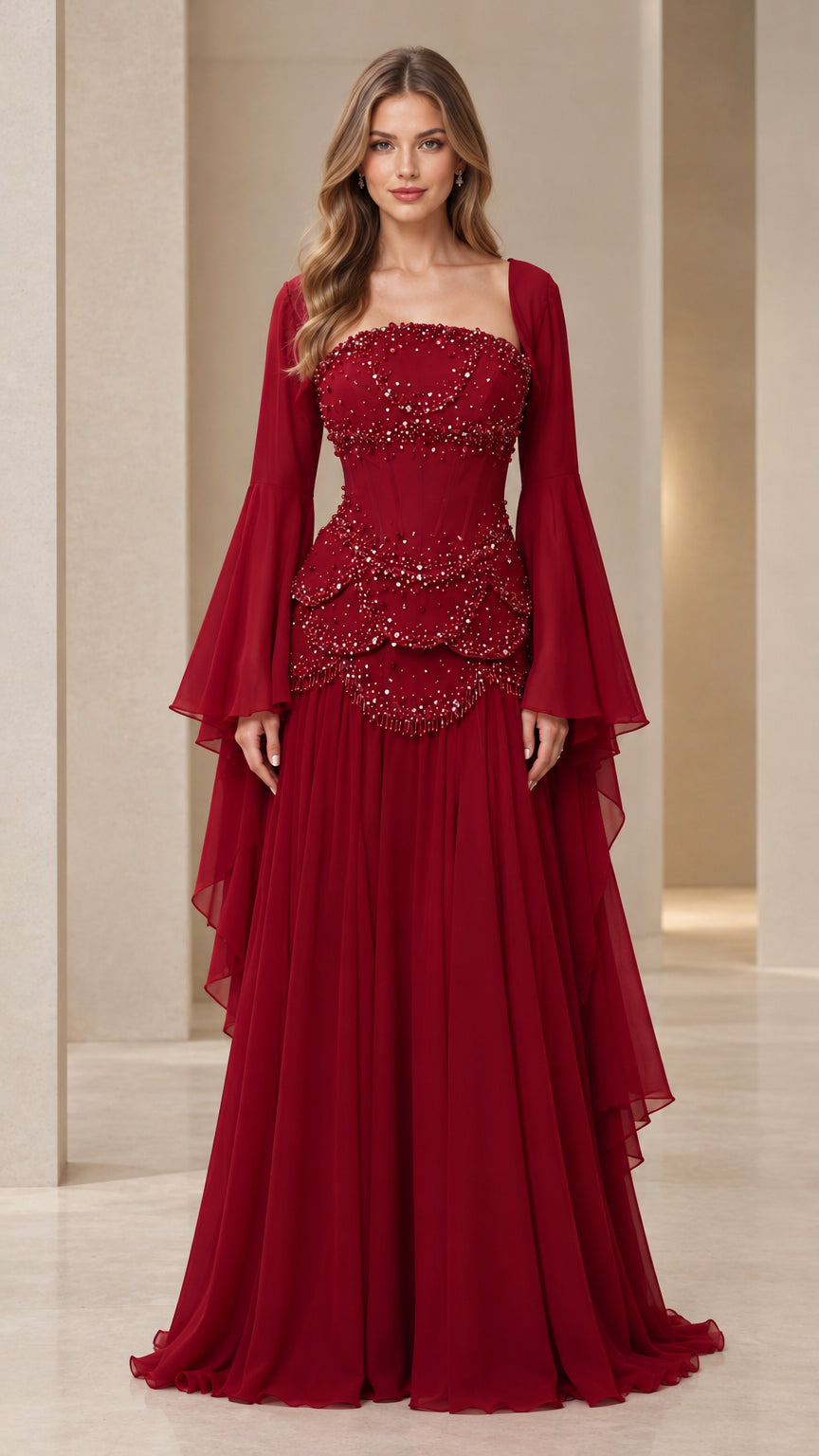 Burgundy formal evening gown with beaded corset bodice and flared bell sleeves front view
