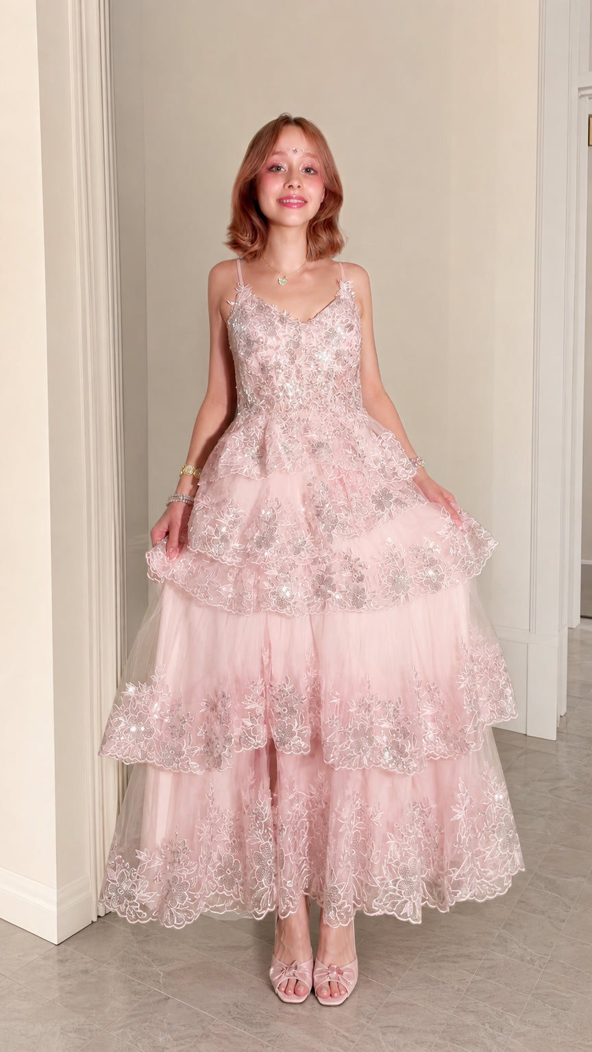Blush Pink Sequined Tiered Tulle Maxi Evening Gown Front View