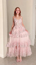 Blush Pink Sequined Tiered Tulle Maxi Evening Gown Front View