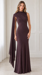 Front view of model wearing a plum high neck evening maxi dress with flowing asymmetric cape drape