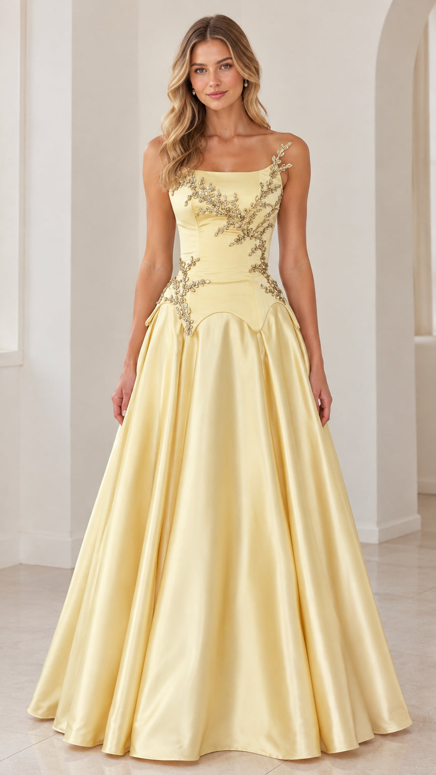 Front view of model wearing pastel yellow embroidered basque waist satin evening gown