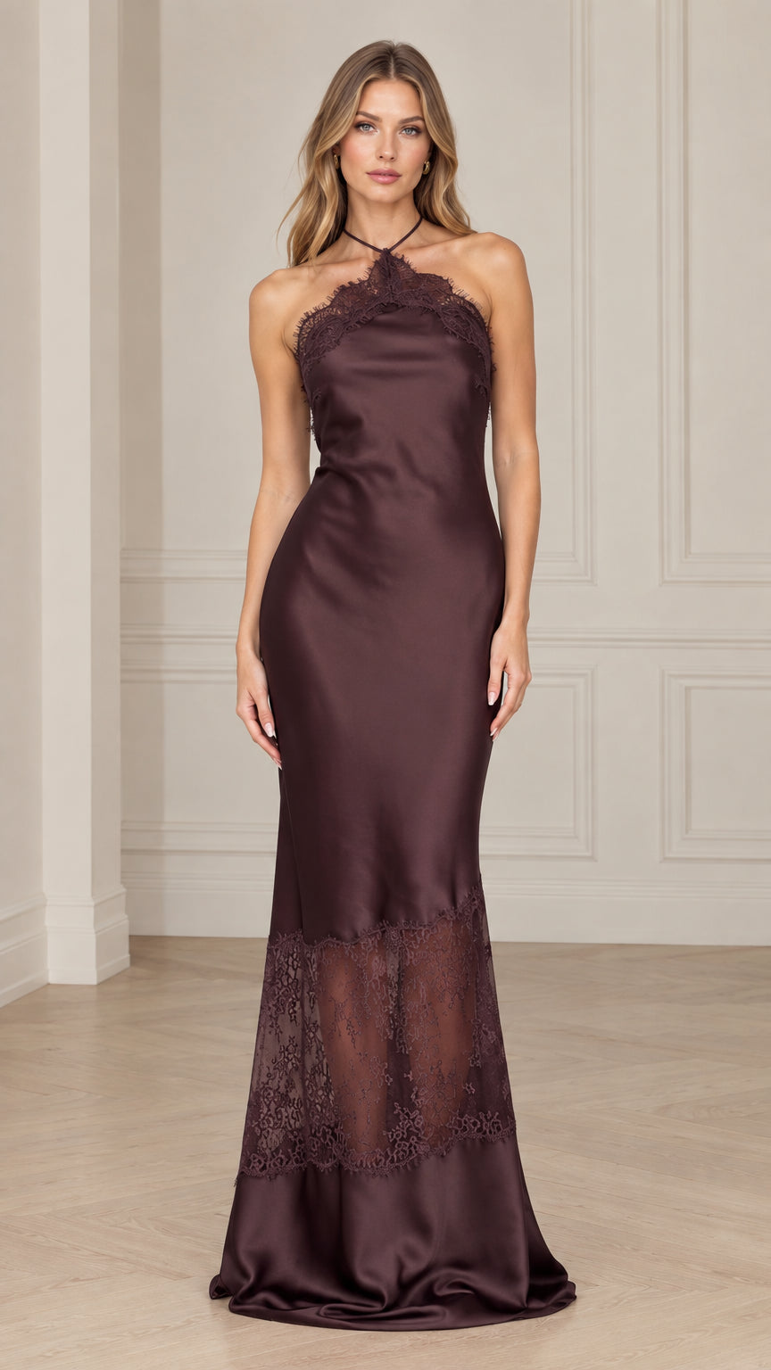 Front view of woman wearing chocolate brown halter neck satin maxi dress with lace detailing