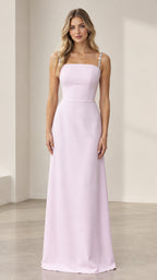 Front full-length view of model wearing lilac square neck maxi dress with rhinestone straps