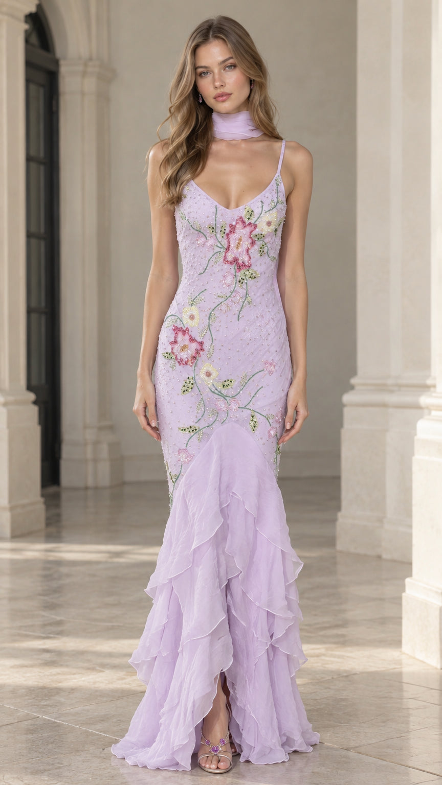 Front view of model wearing lavender floral embroidered mermaid evening gown with tiered ruffle skirt and matching scarf