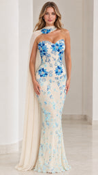 Front full view of ivory mermaid evening gown with blue floral embroidery and attached chiffon cape