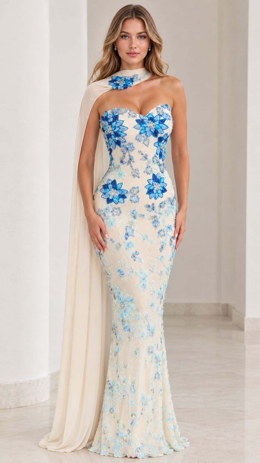 Front full view of ivory mermaid evening gown with blue floral embroidery and attached chiffon cape